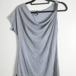 Hybrid Apparel Metallic Silver One Shoulder Cowl Neck Top - Size Large